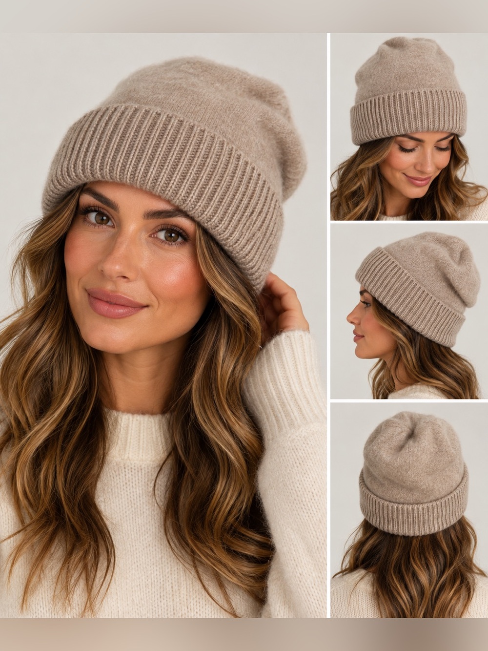 Shihreen Tan Beige Wool Rib Cuff Beanie Hat Taupe